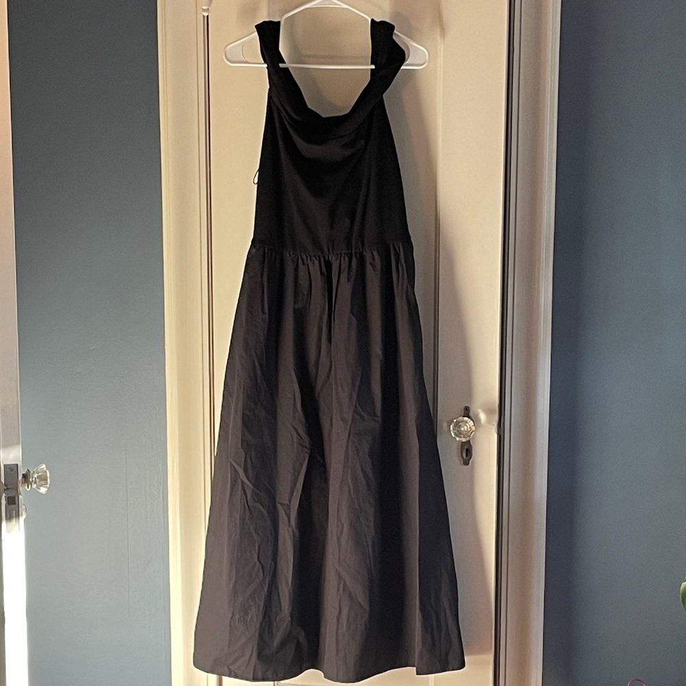 GAP Womens Black Cowl Neck Midi Dress Sleeveless Mixed Media Cotton Size L
